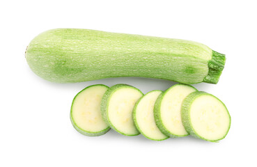 Fresh whole and cut zucchinis isolated on white, top view