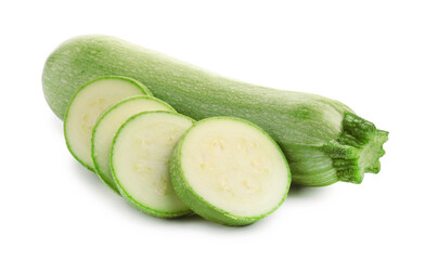 Fresh whole and cut zucchinis isolated on white