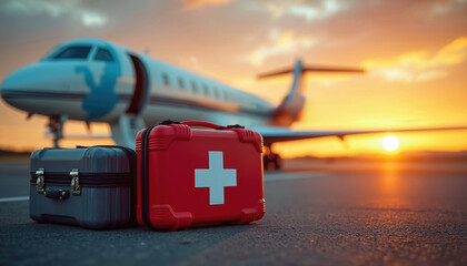 Airplane with suitcase and first aid kit on tarmac at sunset. Selective focus captures travel safety and health preparedness. Warm orange and blue sky with blurred background.