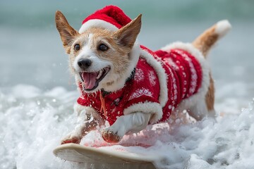 A happy dog in a red Santa hat and costume, joyfully surfing the waves at the beach, symbolizing Christmas and New Year holiday cheer.
