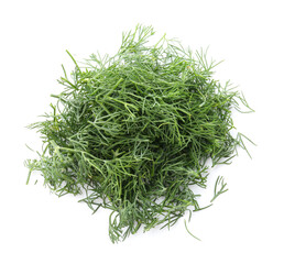 Pile of fresh cut dill isolated on white, top view