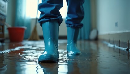 Person in blue rubber boots walks through flooded room. Water damage cleanup in progress with red bucket and broom visible. Emergency restoration services needed for soaked house.