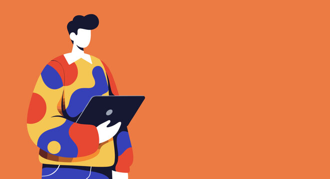 Stylized illustration of a person focused on a laptop against a vibrant orange background, representing digital work, creativity, and modern technology. Ideal for business and lifestyle concepts.