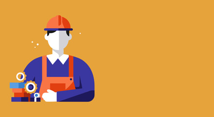 Flat design illustration of a skilled worker or engineer in a hard hat and overalls, representing construction, industry, and professional services. Ideal for business and labor concepts.
