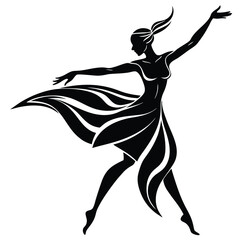 Black silhouette of a graceful dancer with flowing dress