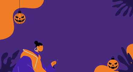 Modern Halloween background with stylized person, jack-o'-lanterns, and abstract shapes in vibrant purple and orange. Ideal for festive promotions, seasonal marketing, or invitations.