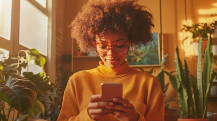 Businesswoman chatting on her smartphone during an office break, exchanging quick messages.