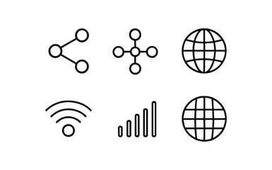 simple outline stroke icon isolated on white background: network node dots connecting lines web grid wifi icon signal bars