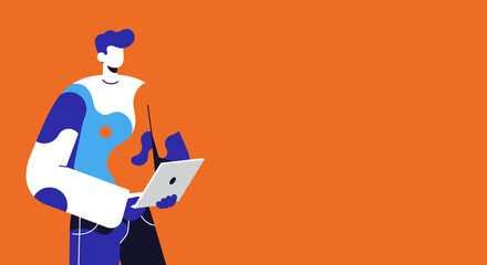 Smiling man in a modern graphic style, happily using a laptop against a vibrant orange background. Represents digital work, online learning, and connectivity.