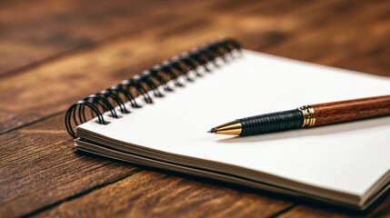 Blank spiral notebook with gold and black pen on rustic wooden surface for note-taking or writing