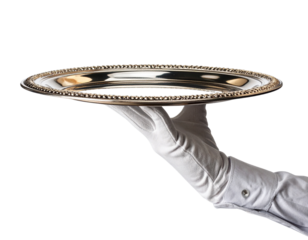 Side View of White Glove Lifting Ornate Silver Platter, Hospitality Concept, Isolated Transparent Background PNG