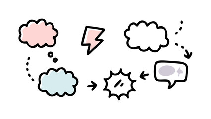 Pastel comic speech bubbles and lightning bolt thought bubble