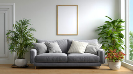 cozy living room with a grey sofa, surrounded by lush green plants, and a framed picture above the sofa, creating a serene and inviting atmosphere