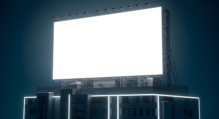 Blank white billboard in futuristic city night with neon lights