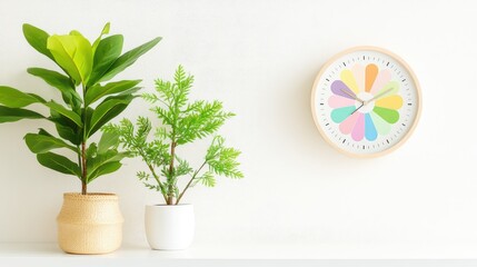 Retro-inspired colorful pixel clock on white desk, paired with indoor plants for a cozy modern interior look