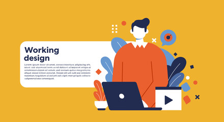 Modern flat illustration of a person working on a laptop, surrounded by creative elements. Ideal for business, technology, and design concepts.