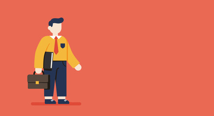 A confident businessman, holding a briefcase and documents, stands ready for work. Ideal for illustrating business concepts, corporate success, or professional services.