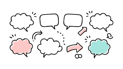 Pink and blue comic speech bubbles with arrows thought bubble