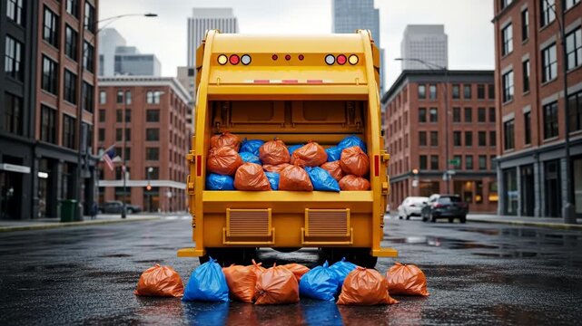 Rear View of Yellow Garbage Truck Full of Trash Bags in City - A yellow garbage truck is shown from the rear, its compartment overflowing with tightly packed orange and blue trash bags.