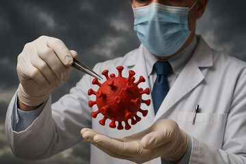 a doctor in a mask and gloves holds a red 3d virus model with tweezers, representing scientific analysis and virology research