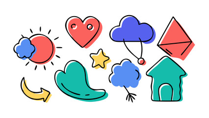 Playful doodle shapes heart cloud star house vector
