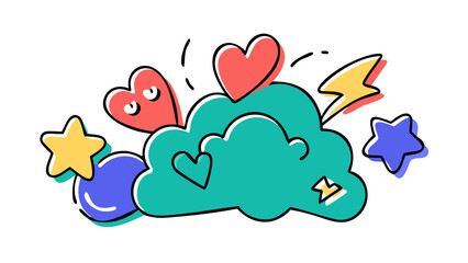 Playful hearts and stars doodle lightning bolt cloud