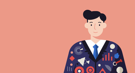 A professional man in a stylized suit adorned with business, data, and creative symbols, representing innovation and strategy. Ideal for marketing.