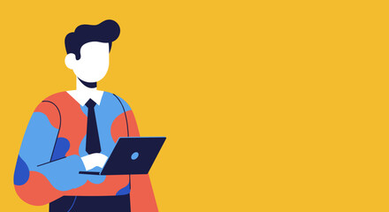 Professional man in colorful flat design works on a laptop, symbolizing modern business, technology, and remote work on a vibrant yellow background.
