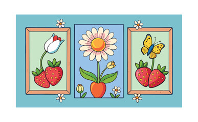 Sweet decorative floral artwork showcasing tulips, daisies, strawberries, and butterflies presented in multiple charming frames like a storybook design