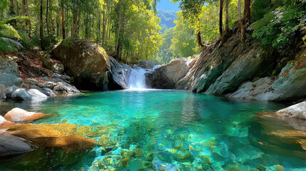 Naklejka premium A hidden jungle waterfall tumbles over volcanic rocks into an emerald-green pool that gradually feeds into a winding, tranquil river through dense vegetation