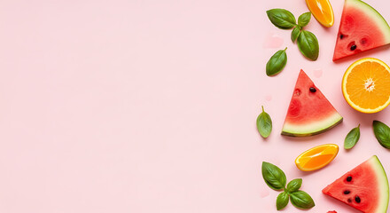 Fresh watermelon and orange slices with basil leaves on a pink background.