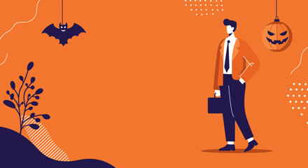 Professional businessman in a suit stands against a vibrant orange Halloween backdrop with spooky bat and jack-o'-lantern decorations. Ideal for seasonal business events and holiday promotions.