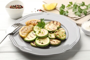 Delicious fried courgette slices with lemon and parsley served on white wooden table, closeup