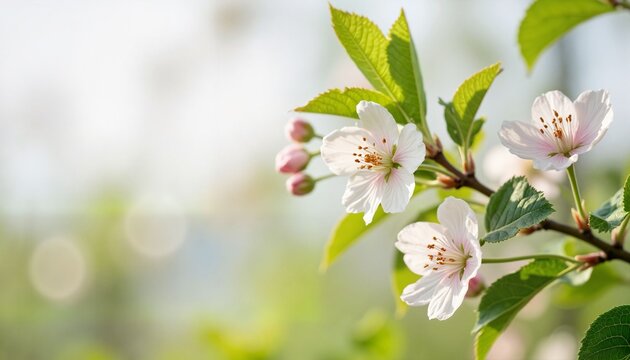 Delicate cherry blossoms with buds and green leaves in spring   - Powered by Adobe