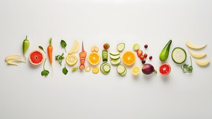 Arrangement Of Fruits, Vegetables, Sliced, Laid Out On A Clean White Background