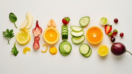 Arrangement Of Fruits, Vegetables, Sliced, Laid Out On A Clean White Background