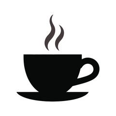 Simple black silhouette of a steaming coffee cup and saucer