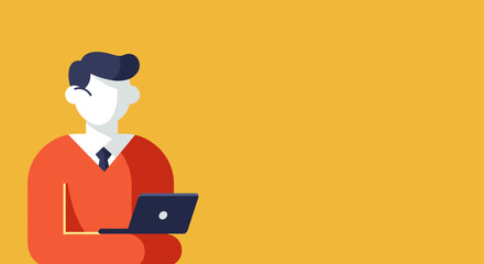 Flat design illustration of a professional using a laptop, symbolizing remote work, online learning, business, or productivity. Ample copy space for text.