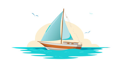 Sailboat on turquoise water with birds sailing ocean