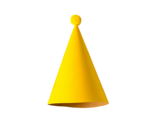 Yellow Party Hat with Confetti and Streamers, Top-Down Flat Lay, Isolated Transparent Background PNG