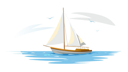 Sailboat on blue water with seagulls sailing ocean