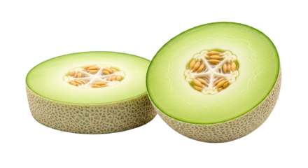 Two halves of a cantaloupe display orange seeds and pale green flesh in a dark setting.