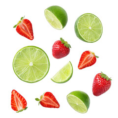 Fresh strawberries and limes isolated on transparent background