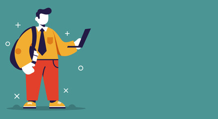 Modern illustration of a professional or student using a laptop with a backpack, representing remote work, online learning, or digital lifestyle concepts.