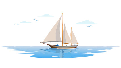 Sailing boat on blue water with clouds and birds sailboat