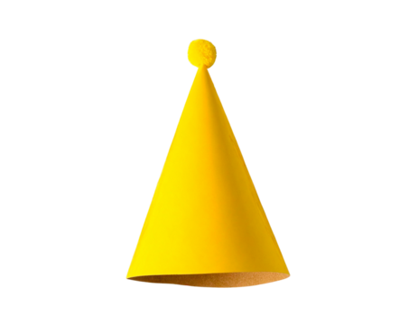 Yellow Party Hat with Confetti and Streamers, Top-Down Flat Lay, Isolated Transparent Background PNG