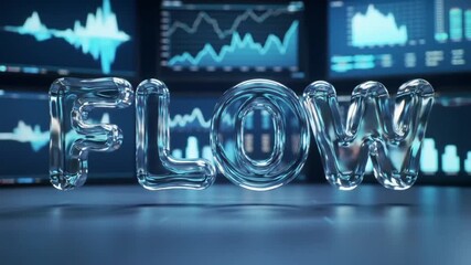 FLOW" spelled out in transparent, glassy letters with financial graphs in the background, all in cool blue tones - Powered by Adobe