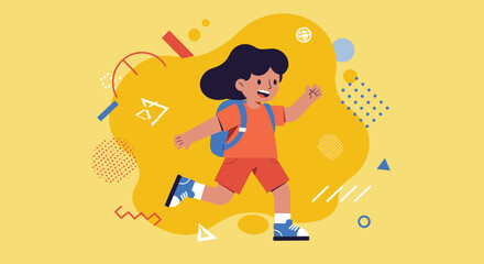 Energetic child with a backpack happily runs across a vibrant yellow background with abstract elements. Represents childhood joy, school, and active learning.