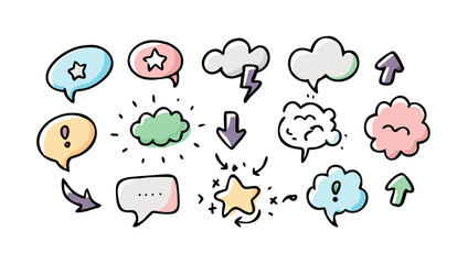 Speech bubbles clouds stars arrows doodle