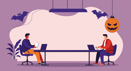 Professionals focused on work in a modern office featuring playful Halloween decorations like bats and a carved pumpkin. Business, seasonal, lifestyle concept.